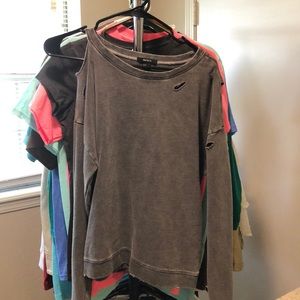 One cold shoulder distressed pullover